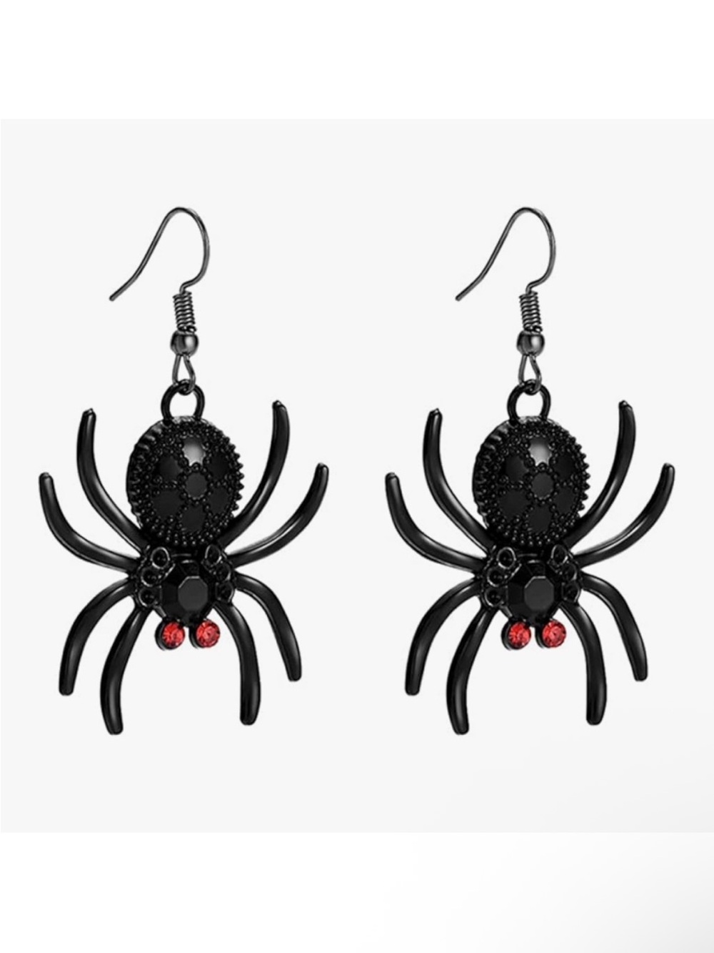 Black Spider Drop Earrings with Red Accent